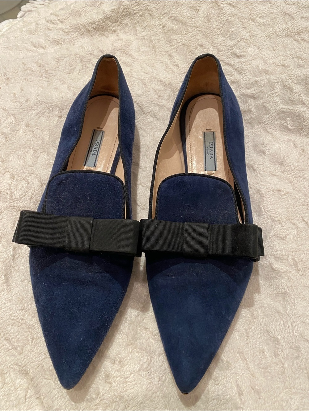 Prada Navy Suede Pointed Toe Loafers with Black Bow